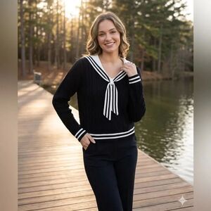 Take 50% OFF- Cherie Collette Sailor Collar Knit Sweater -Black&White Trim, Sz-M